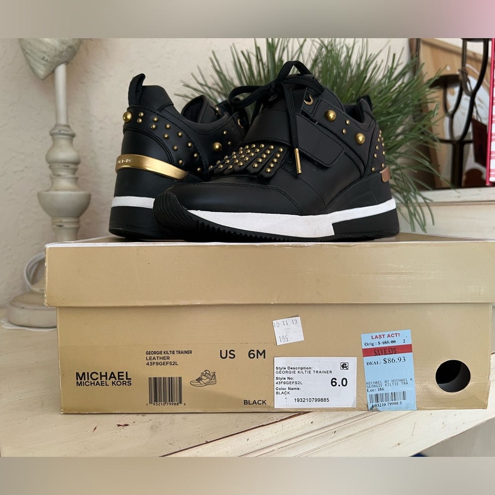 Michael Kors Georgie Kiltie Trainer Leather Gold Stud Wedge Sneaker 6.0 - Picture 7 of 7